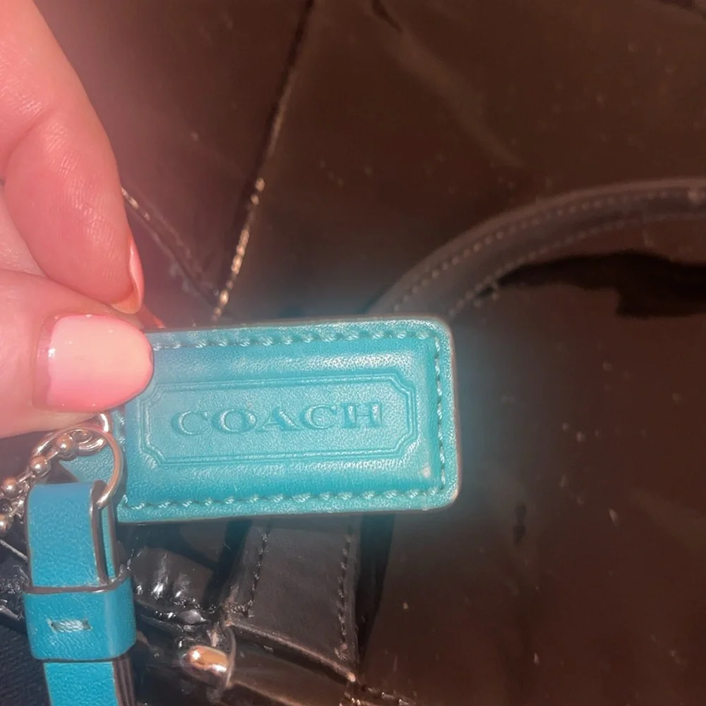 Coach ladies black patent leather tote. Green lining. F24893.